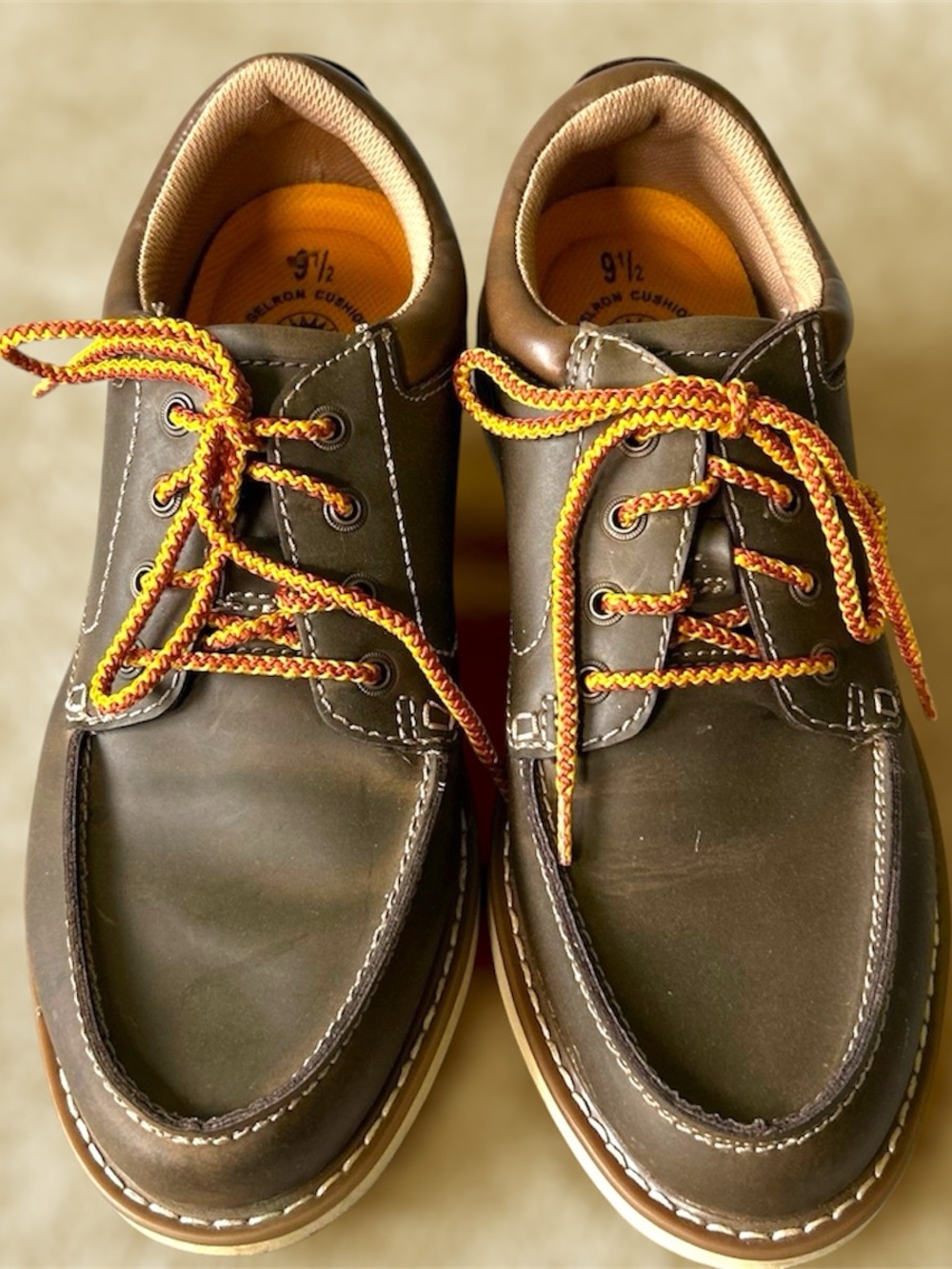 Earth Spirit Brown Boat Shoes with Yellow-Orange Braided Laces